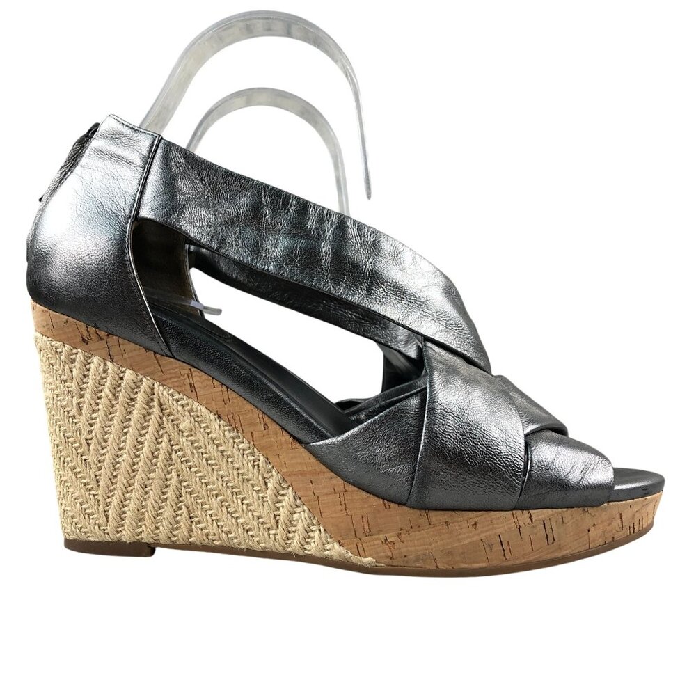 Cole Haan Women's 9.5B Delfina Pewter Silver Open Toe High Heel Wedge Sandals